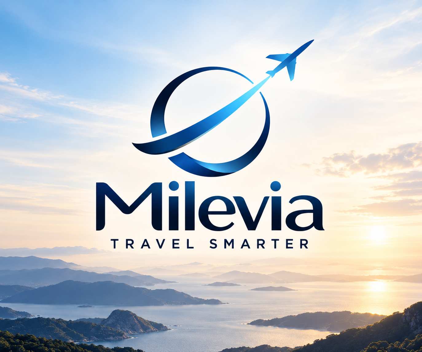 Logomarca oficial Milevia, com avião e trajetória circular, sobre paisagem costeira ao amanhecer. Travel Smarter.